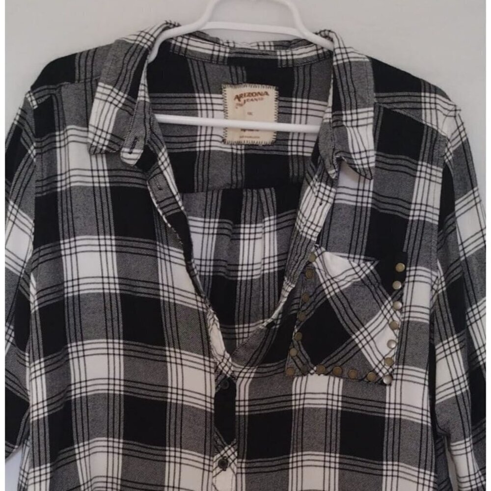 Arizona Plaid Button-Up Shirt With Studded Pocket Black & White Women's Size XXL - Picture 4 of 8